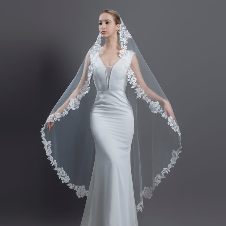 Mantilla Style Bridal Veil with Rhinestones and Sequins, Fine Illusion Tulle, Waltz Length FS6221-M