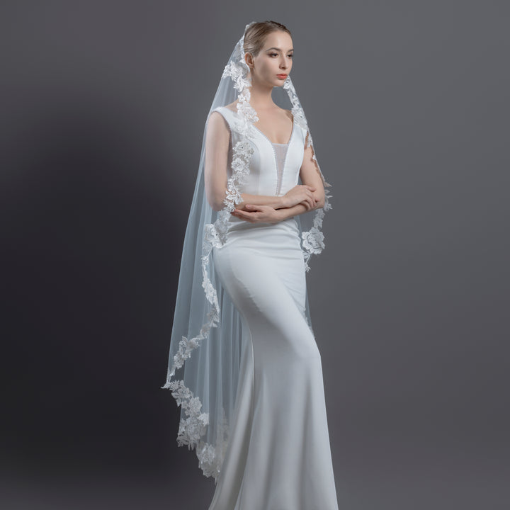 Mantilla Style Bridal Veil with Rhinestones and Sequins, Fine Illusion Tulle, Waltz Length FS6221-M