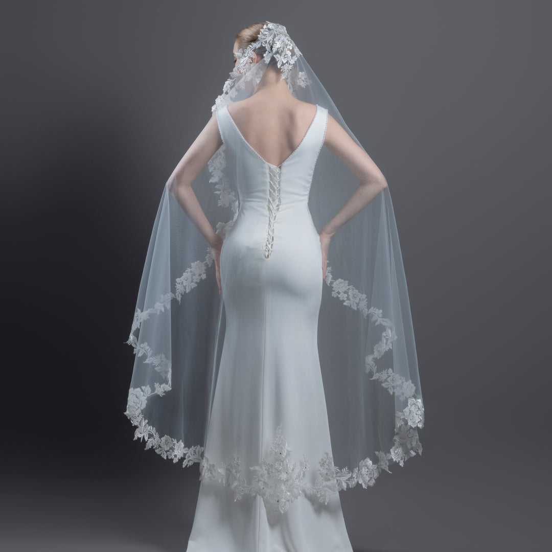 Mantilla Style Bridal Veil with Rhinestones and Sequins, Fine Illusion Tulle, Waltz Length FS6221-M
