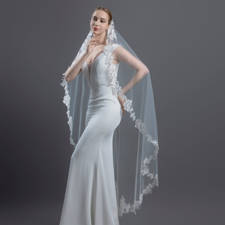 Mantilla Style Bridal Veil with Rhinestones and Sequins, Fine Illusion Tulle, Waltz Length FS6221-M