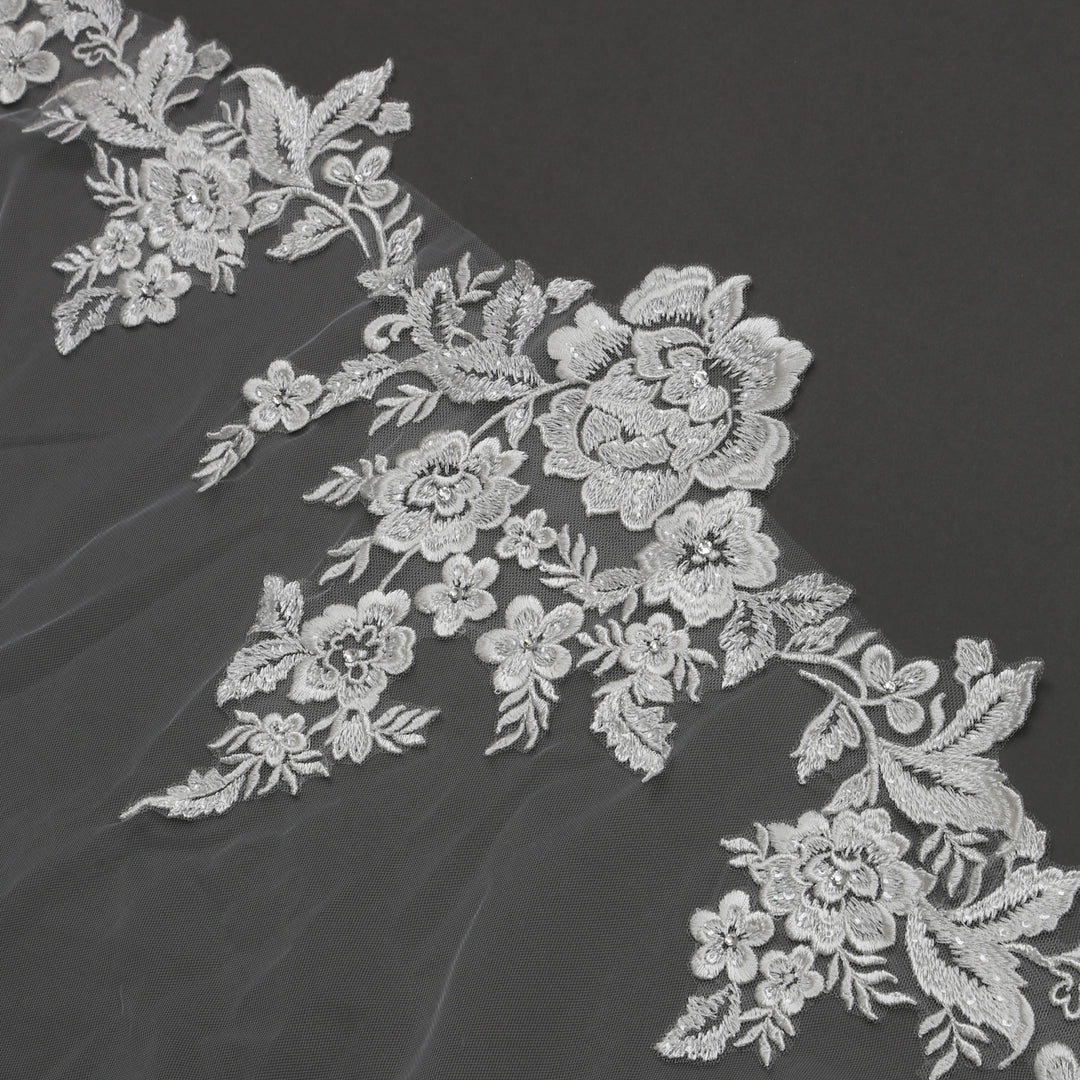 Floral Lace Cathedral Wedding Veil with Rhinestoney, Fine Illusion Tulle