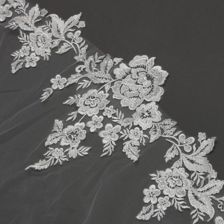 Floral Lace Cathedral Wedding Veil with Rhinestoney, Fine Illusion Tulle