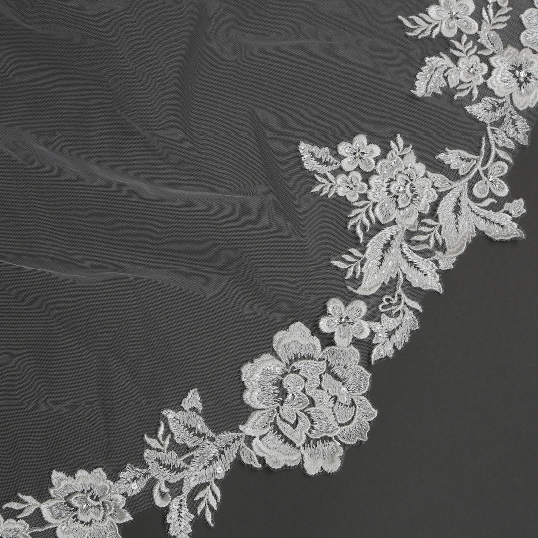 Floral Lace Cathedral Wedding Veil with Rhinestoney, Fine Illusion Tulle