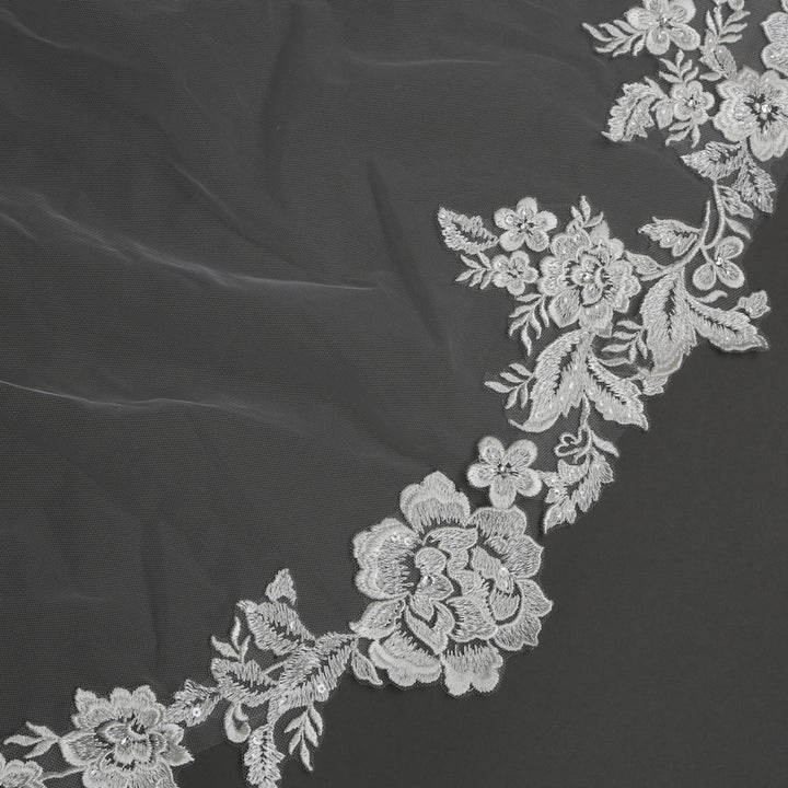 Floral Lace Cathedral Wedding Veil with Rhinestoney, Fine Illusion Tulle