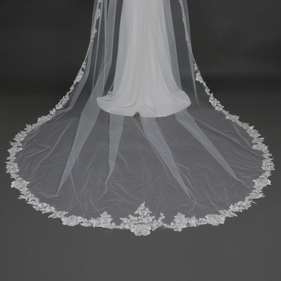 Floral Lace Cathedral Wedding Veil with Rhinestoney, Fine Illusion Tulle