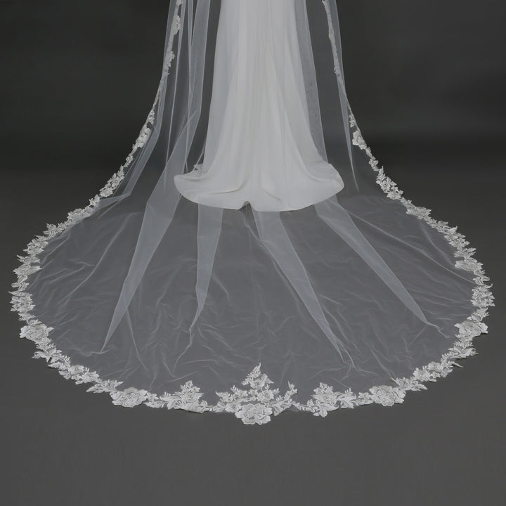 Floral Lace Cathedral Wedding Veil with Rhinestoney, Fine Illusion Tulle