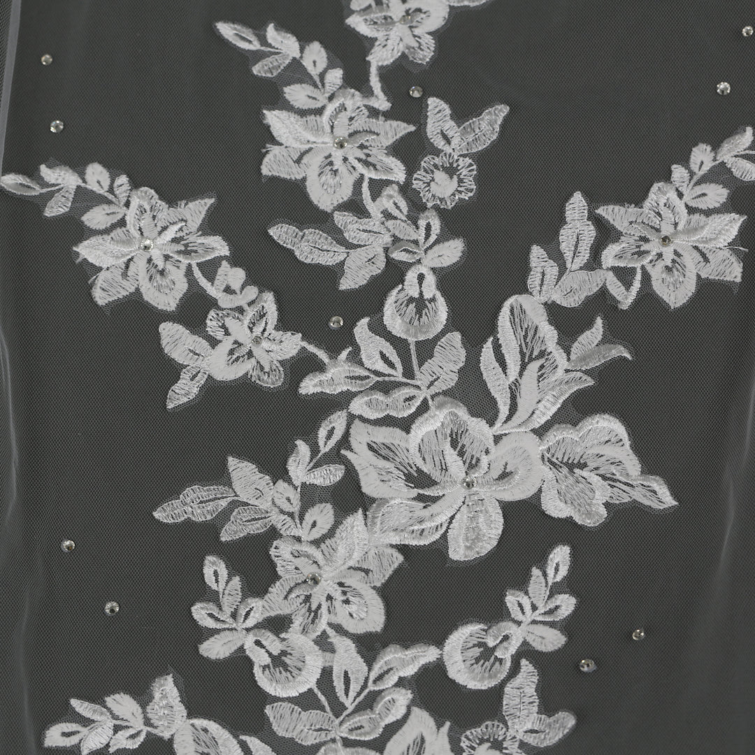 Floral Lace Bridal Veil with Rhinestones, Fine Illusion Tulle, Cathedral Length FS6224B
