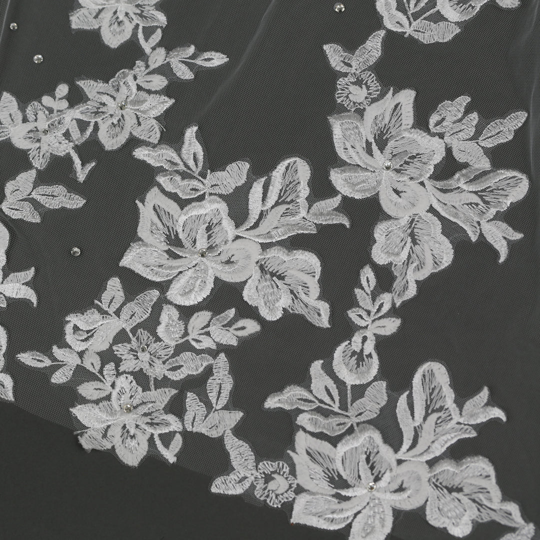 Floral Lace Bridal Veil with Rhinestones, Fine Illusion Tulle, Cathedral Length FS6224B