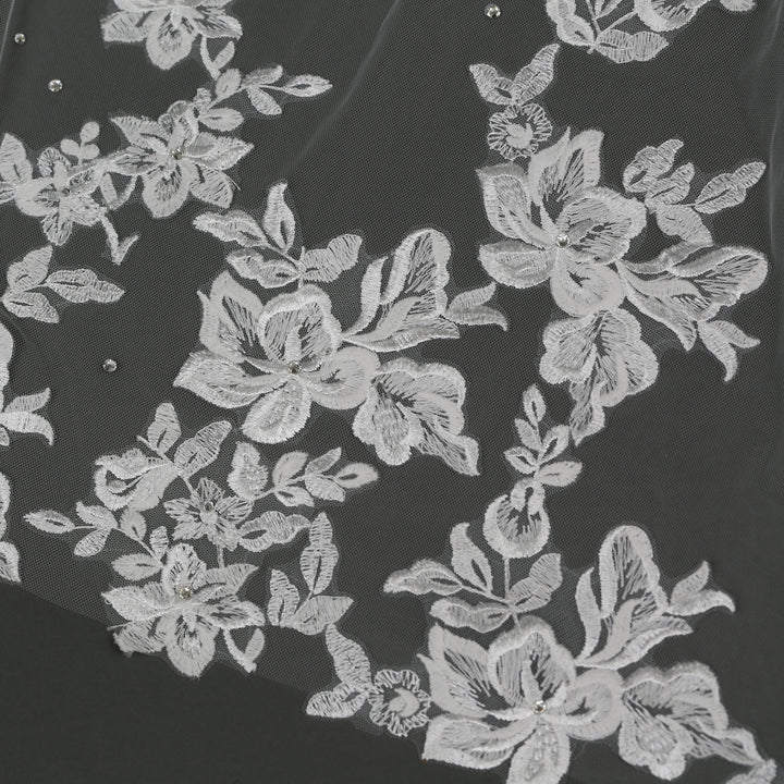 Floral Lace Bridal Veil with Rhinestones, Fine Illusion Tulle, Cathedral Length FS6224B