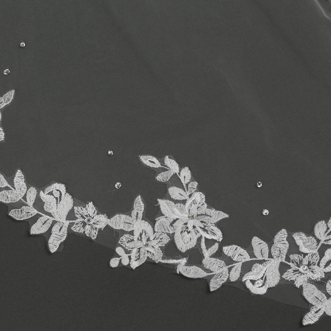 Floral Lace Bridal Veil with Rhinestones, Fine Illusion Tulle, Cathedral Length FS6224B