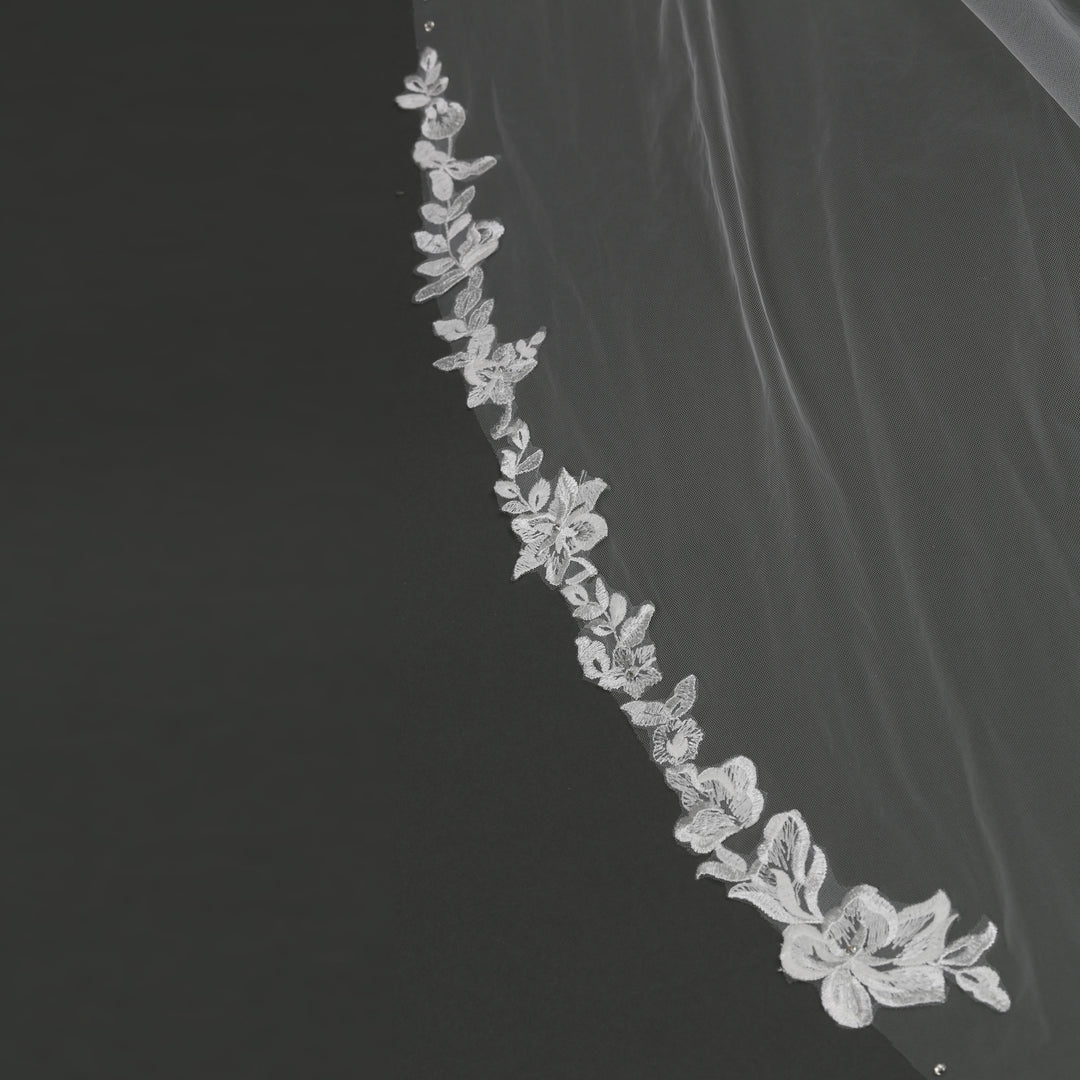 Floral Lace Bridal Veil with Rhinestones, Fine Illusion Tulle, Cathedral Length FS6224B
