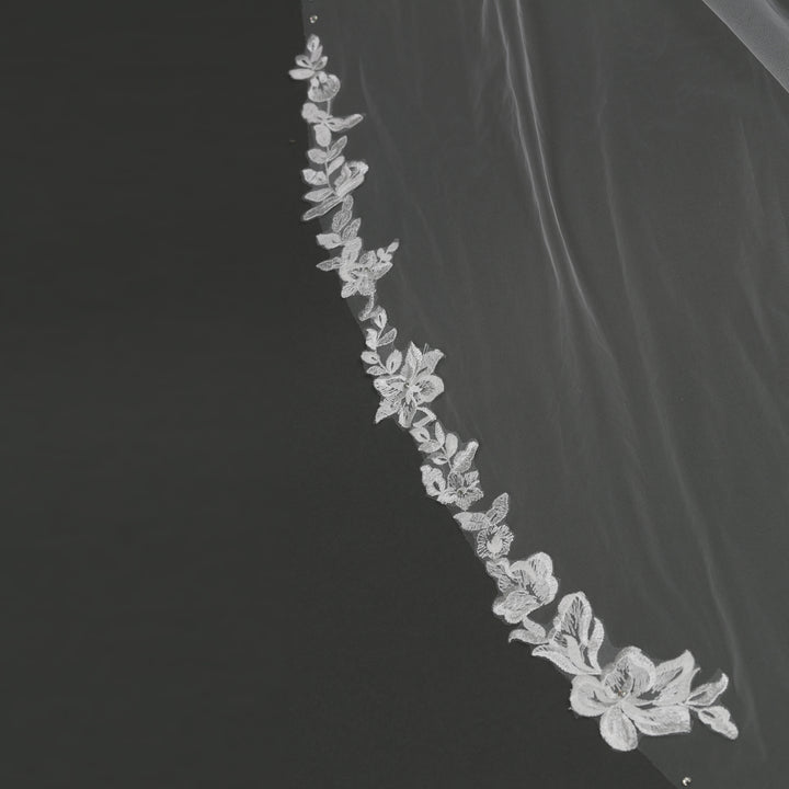 Floral Lace Bridal Veil with Rhinestones, Fine Illusion Tulle, Cathedral Length FS6224B