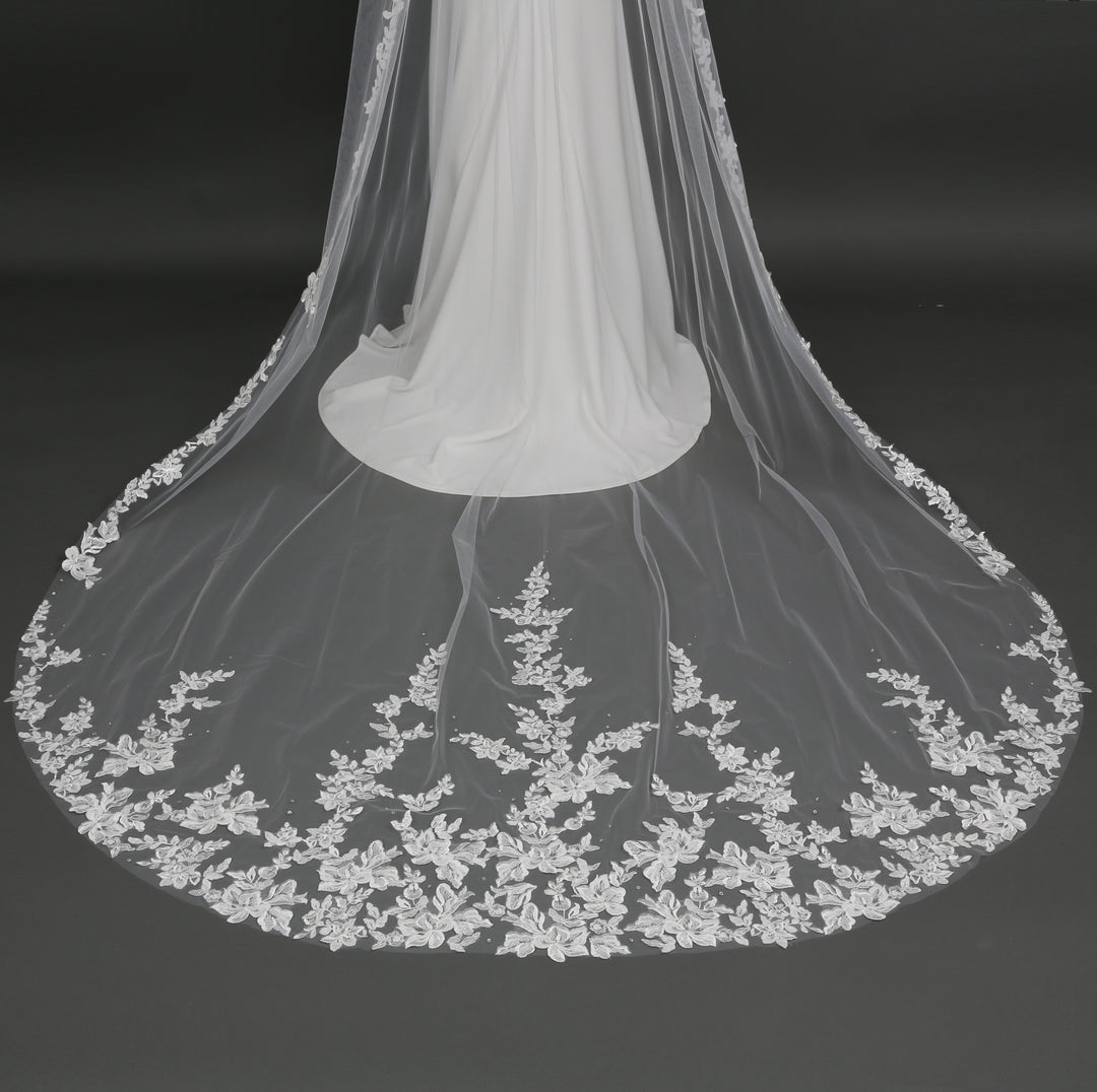 Floral Lace Bridal Veil with Rhinestones, Fine Illusion Tulle, Cathedral Length FS6224B