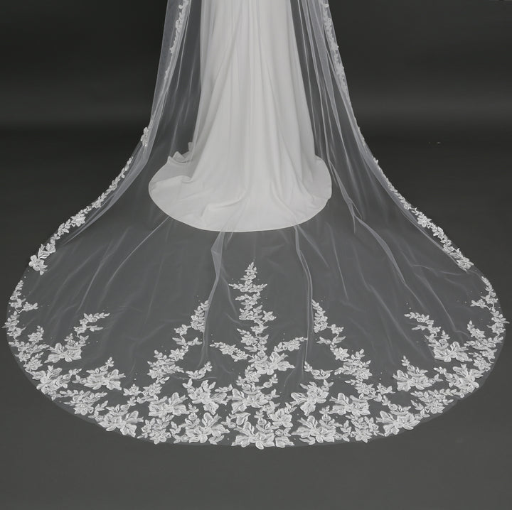 Floral Lace Bridal Veil with Rhinestones, Fine Illusion Tulle, Cathedral Length FS6224B