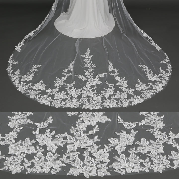 Floral Lace Bridal Veil with Rhinestones, Fine Illusion Tulle, Cathedral Length FS6224B