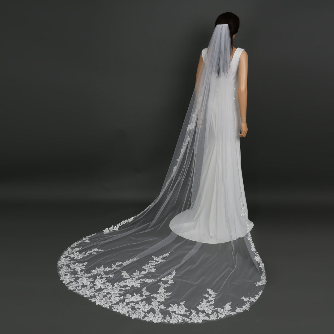 Floral Lace Bridal Veil with Rhinestones, Fine Illusion Tulle, Cathedral Length FS6224B