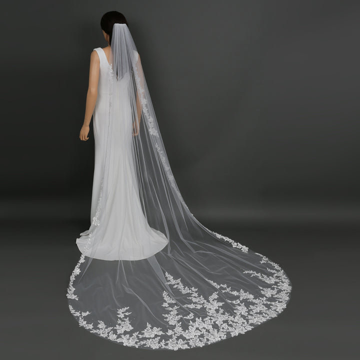 Floral Lace Bridal Veil with Rhinestones, Fine Illusion Tulle, Cathedral Length FS6224B
