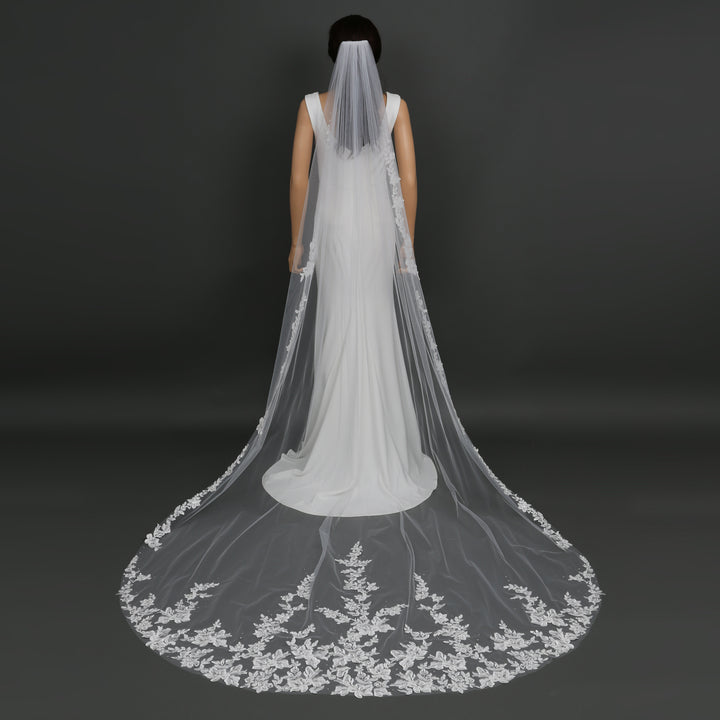 Floral Lace Bridal Veil with Rhinestones, Fine Illusion Tulle, Cathedral Length FS6224B