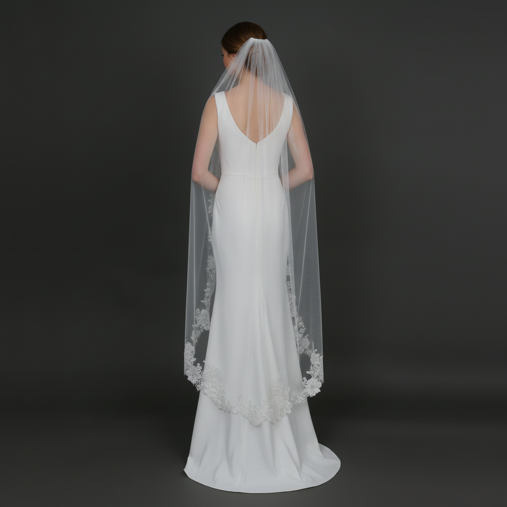 Floral Lace Wedding Veil with Rhinestones, Fine Illusion Tulle, Waltz Length