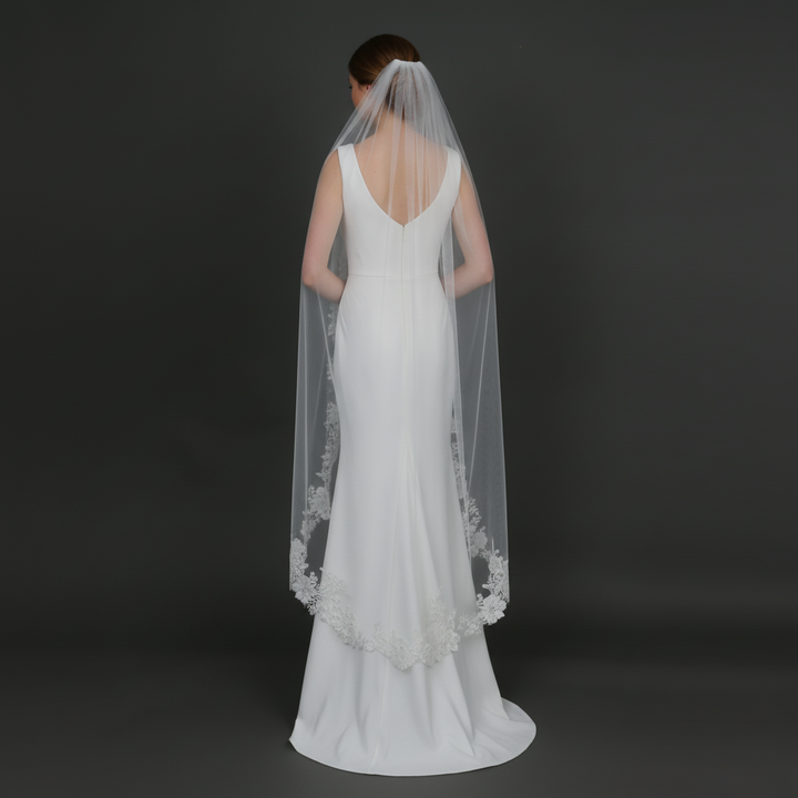 Floral Lace Wedding Veil with Rhinestones, Fine Illusion Tulle, Waltz Length