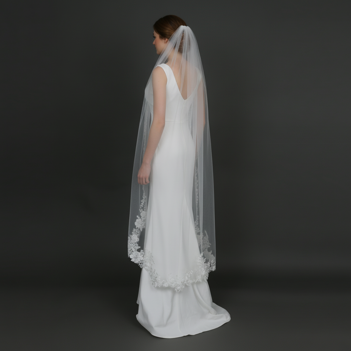 Floral Lace Wedding Veil with Rhinestones, Fine Illusion Tulle, Waltz Length