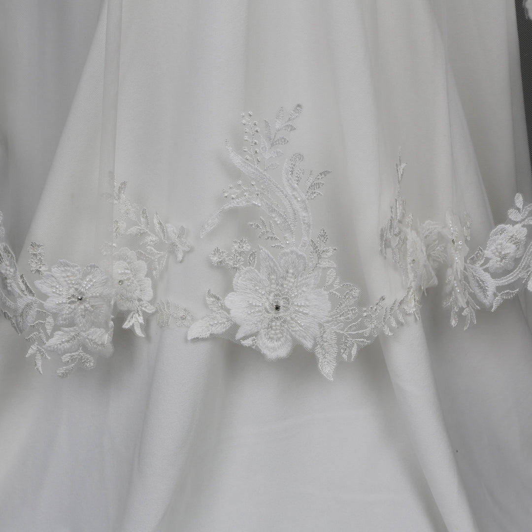 Floral Lace Wedding Veil with Rhinestones, Fine Illusion Tulle, Waltz Length