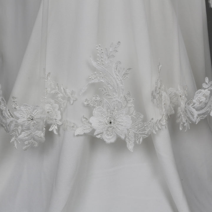 Floral Lace Wedding Veil with Rhinestones, Fine Illusion Tulle, Waltz Length