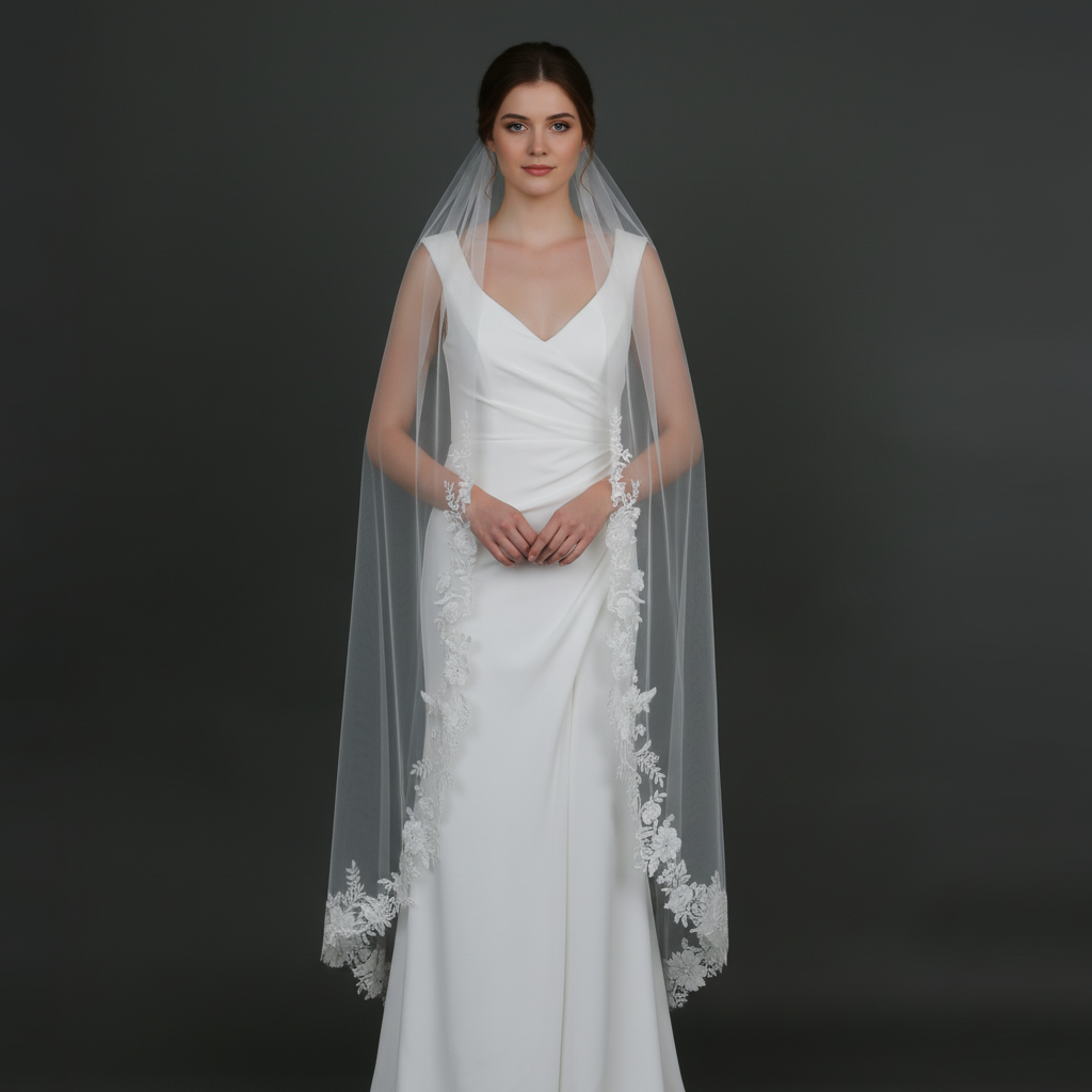 Floral Lace Wedding Veil with Rhinestones, Fine Illusion Tulle, Waltz Length