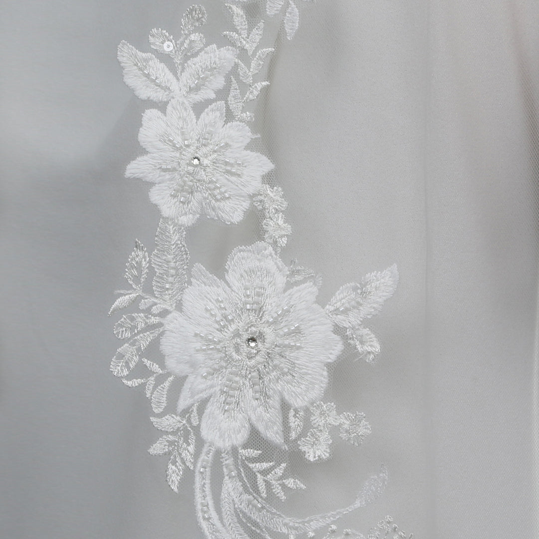 Floral Lace Wedding Veil with Rhinestones, Fine Illusion Tulle, Waltz Length