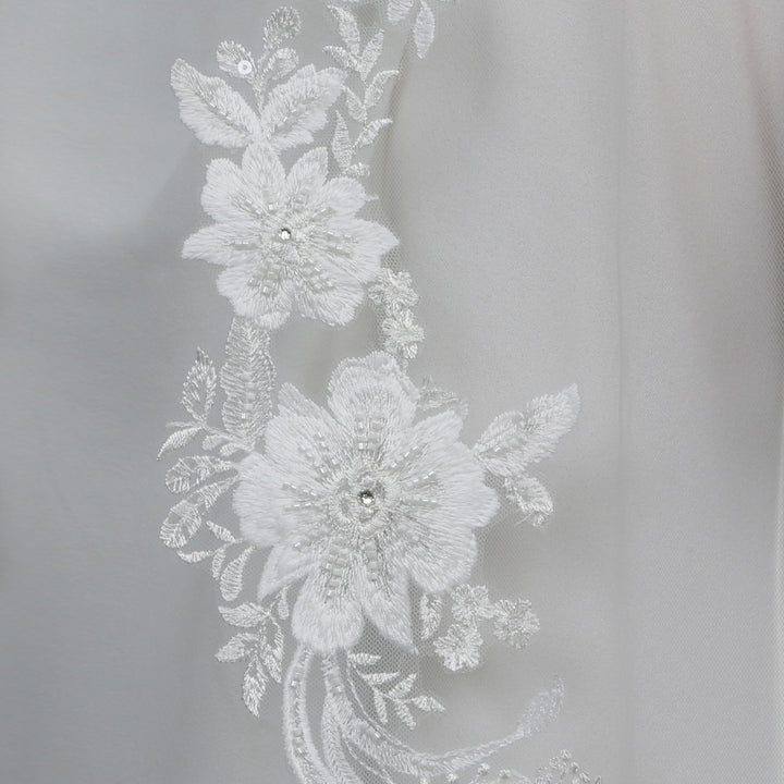 Floral Lace Wedding Veil with Rhinestones, Fine Illusion Tulle, Waltz Length