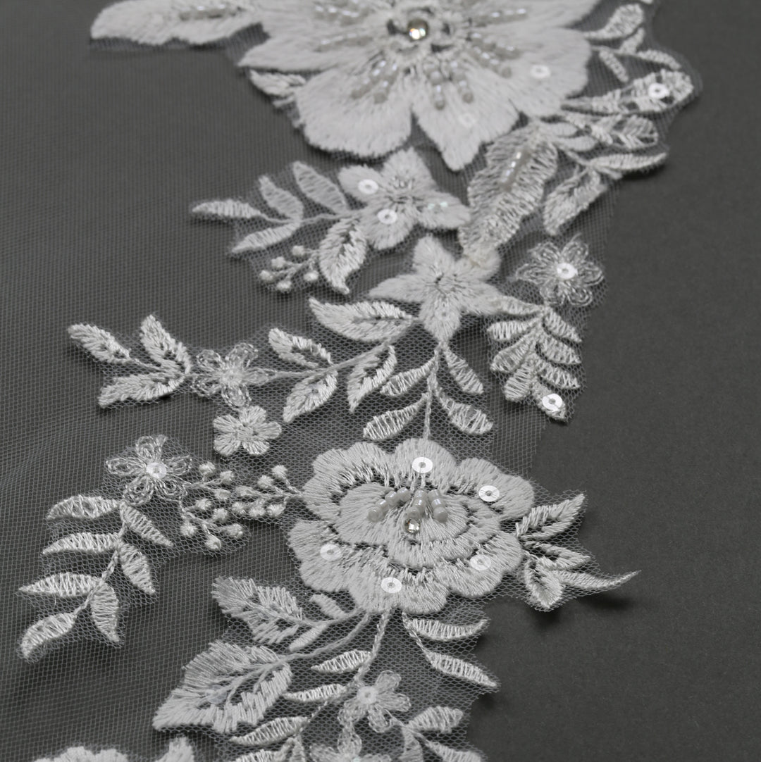 FS6225 fingertip-length floral lace bridal veil, full-length view.