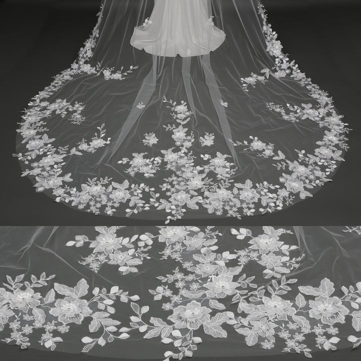 Floral Vine Bridal Veil with 3D Organza Flowers, Fine Illusion Tulle, Cathedral Length FS6227