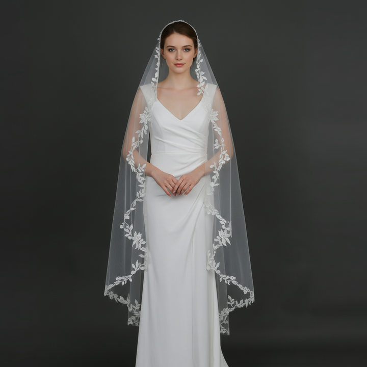 Waltz length mantilla bridal veil with leaf lace and sequins 