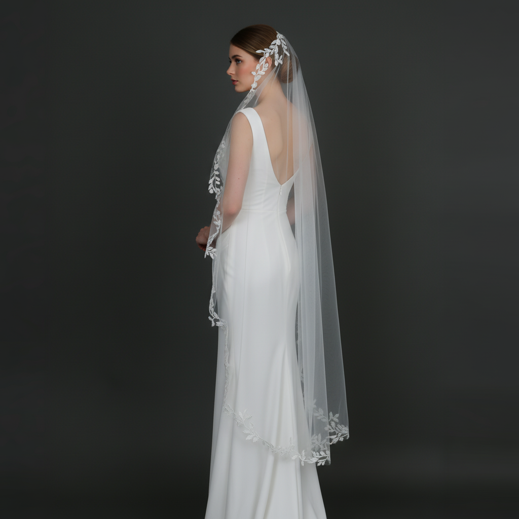 Waltz length mantilla bridal veil with leaf lace and sequins side view