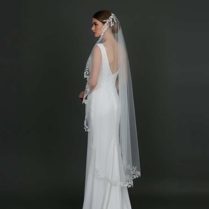 Waltz length mantilla bridal veil with leaf lace and sequins side view
