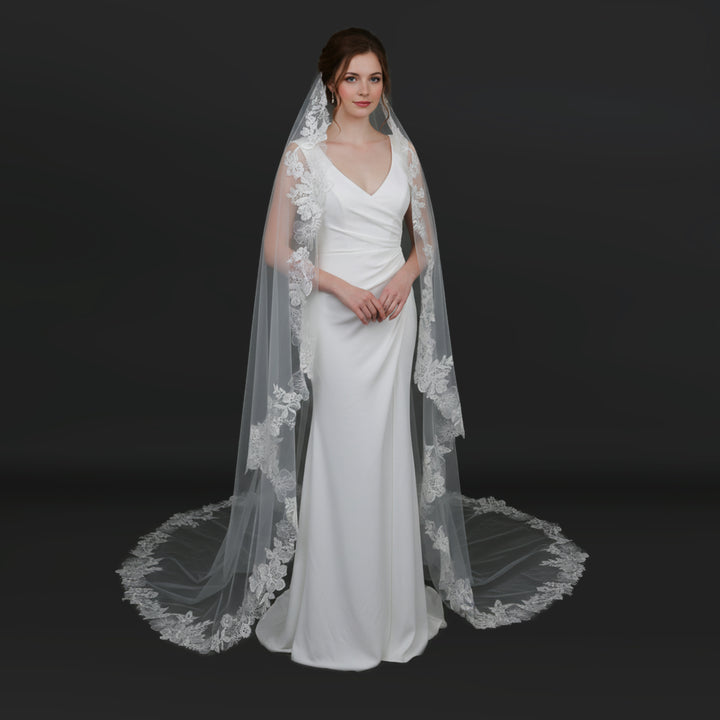 Mantilla Floral Vine Embroidered Wedding Veil with Rhinestones, Fine Illusion Tulle, Cathedral  Length