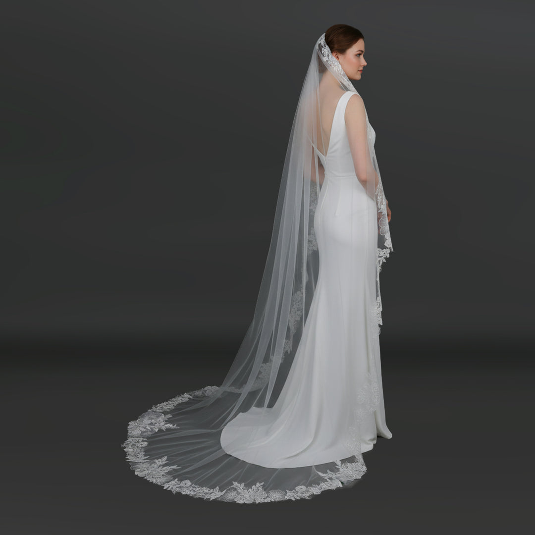 Mantilla Floral Vine Embroidered Wedding Veil with Rhinestones, Fine Illusion Tulle, Cathedral  Length