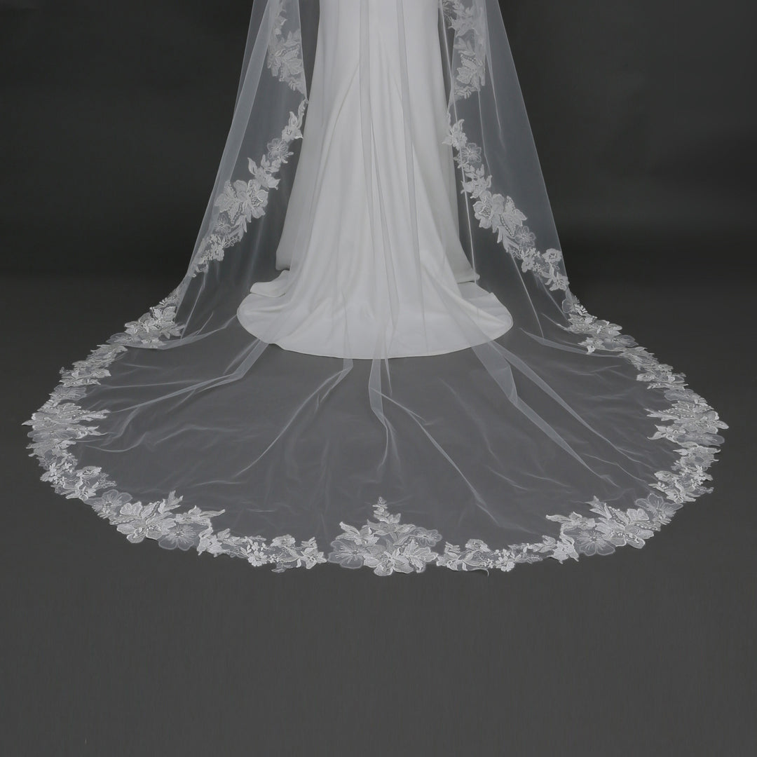Mantilla Floral Vine Embroidered Wedding Veil with Rhinestones, Fine Illusion Tulle, Cathedral  Length