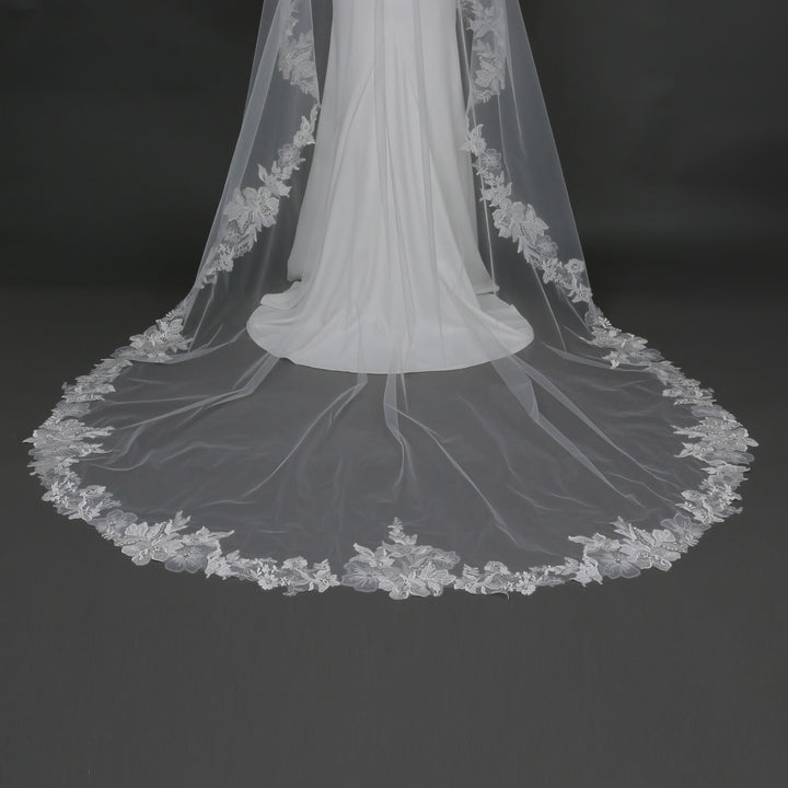 Mantilla Floral Vine Embroidered Wedding Veil with Rhinestones, Fine Illusion Tulle, Cathedral  Length
