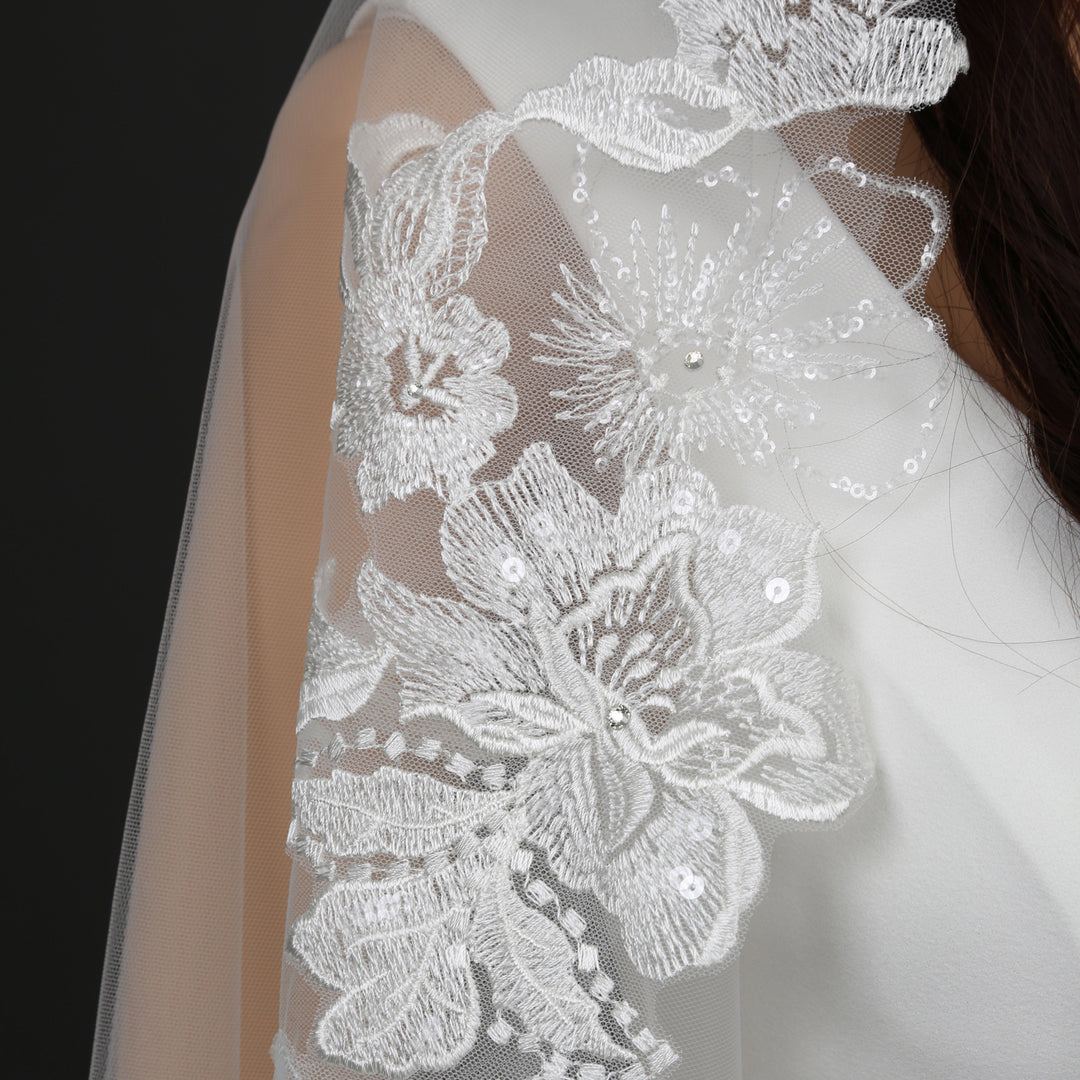 Mantilla Floral Vine Embroidered Wedding Veil with Rhinestones, Fine Illusion Tulle, Waltz Length