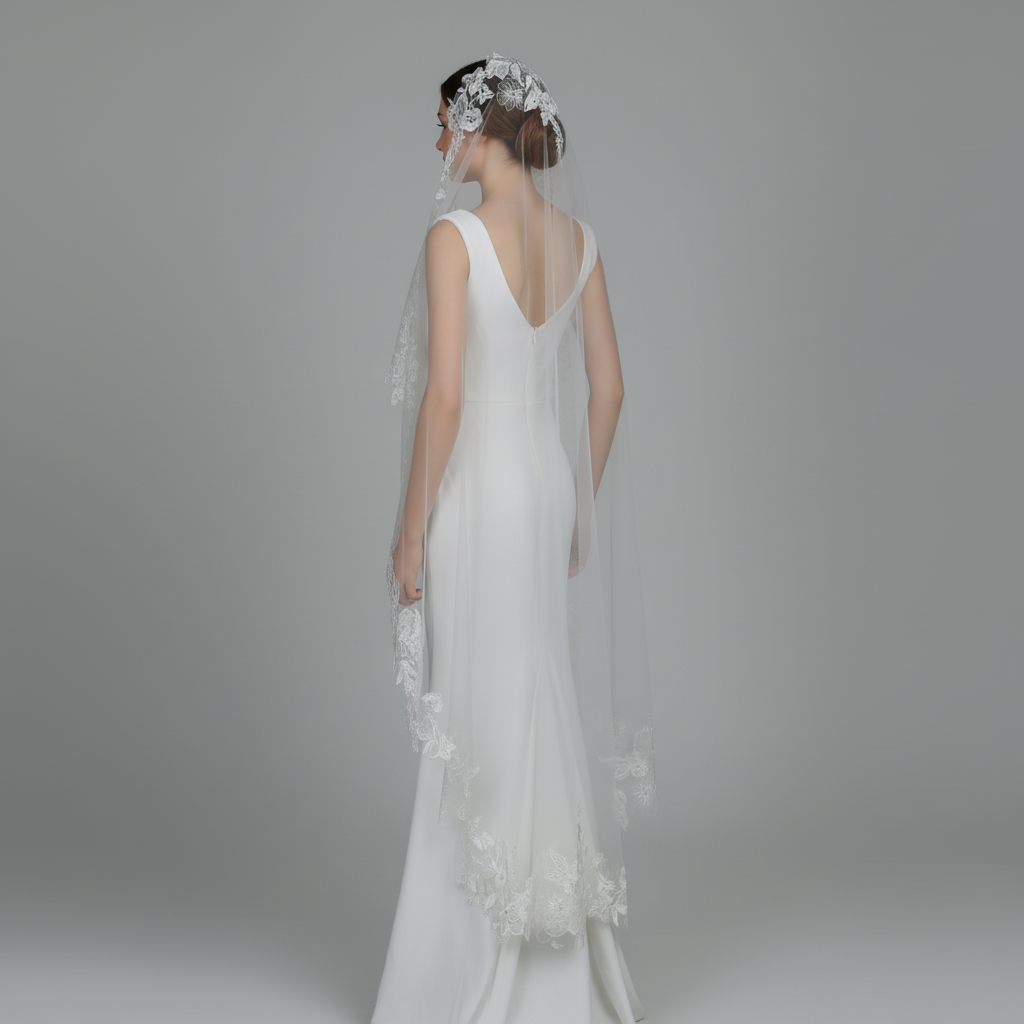 Mantilla Floral Vine Embroidered Wedding Veil with Rhinestones, Fine Illusion Tulle, Waltz Length
