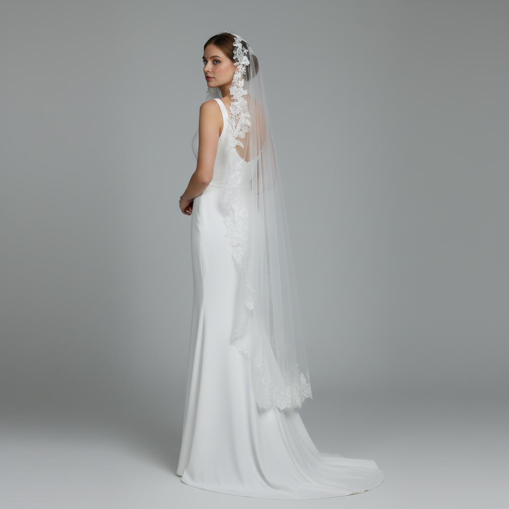 Mantilla Floral Vine Embroidered Wedding Veil with Rhinestones, Fine Illusion Tulle, Waltz Length