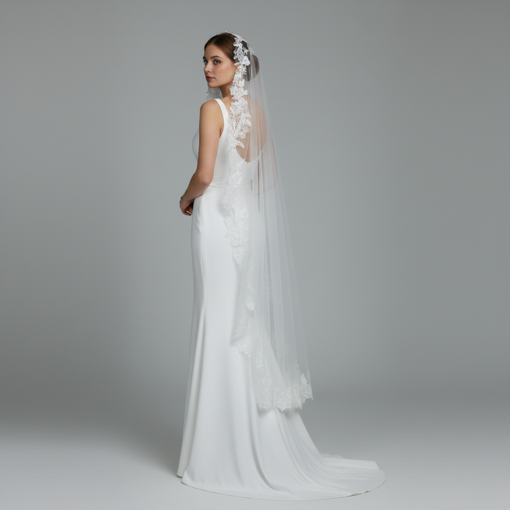 Mantilla Floral Vine Embroidered Wedding Veil with Rhinestones, Fine Illusion Tulle, Waltz Length