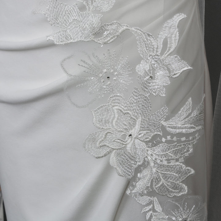 Mantilla Floral Vine Embroidered Wedding Veil with Rhinestones, Fine Illusion Tulle, Waltz Length