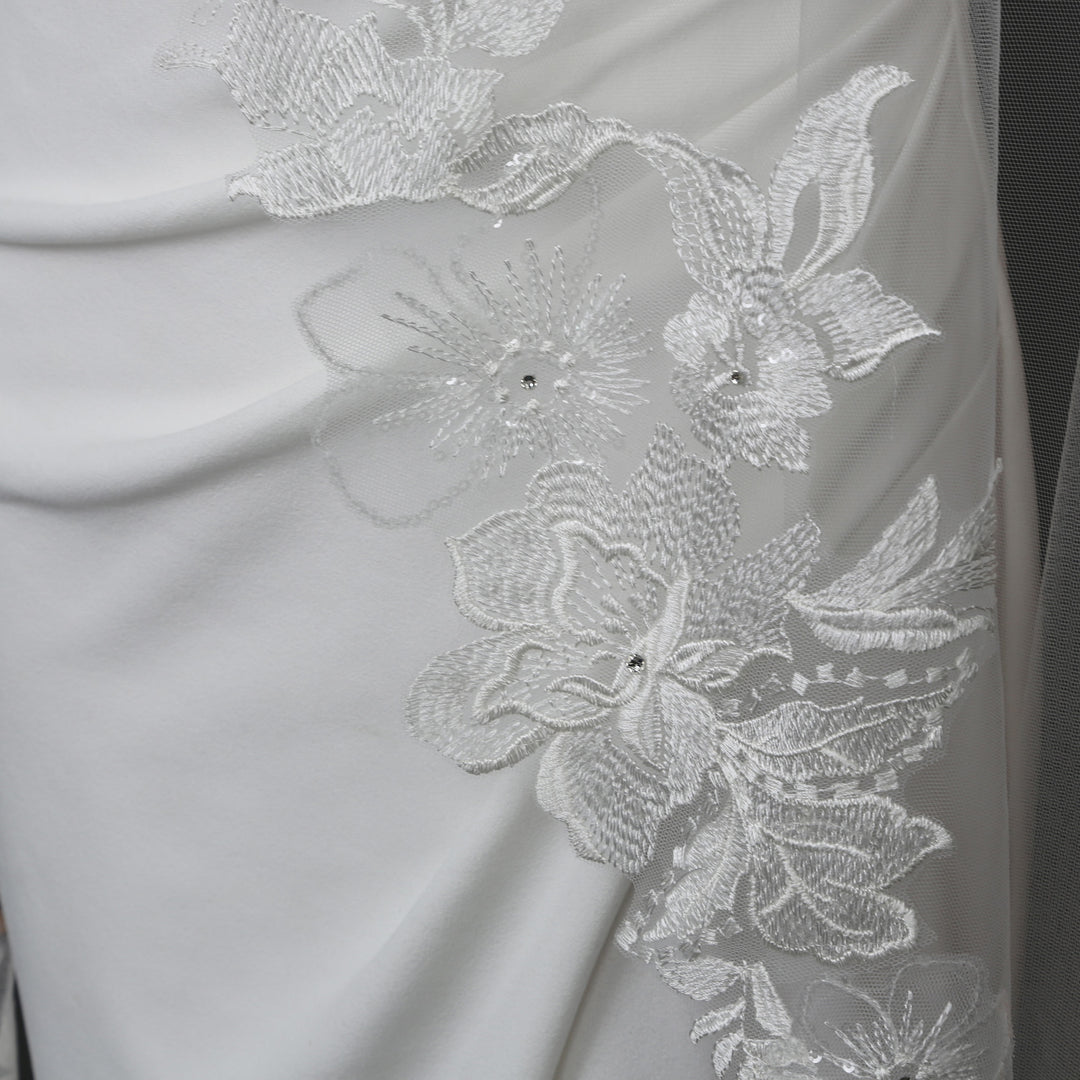 Mantilla Floral Vine Embroidered Wedding Veil with Rhinestones, Fine Illusion Tulle, Cathedral  Length
