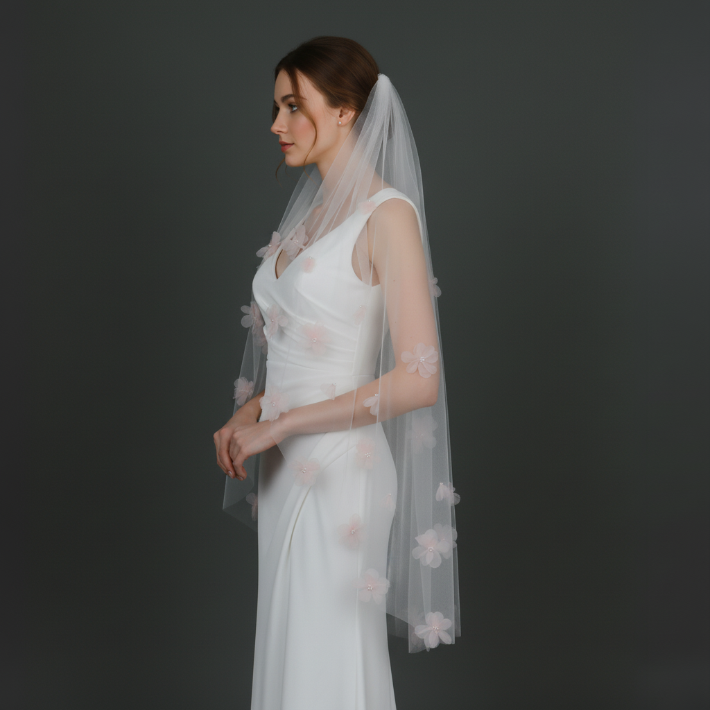 Pink Organza 3D Flower Wedding Veil with Faux Pearls, Fingertip Length