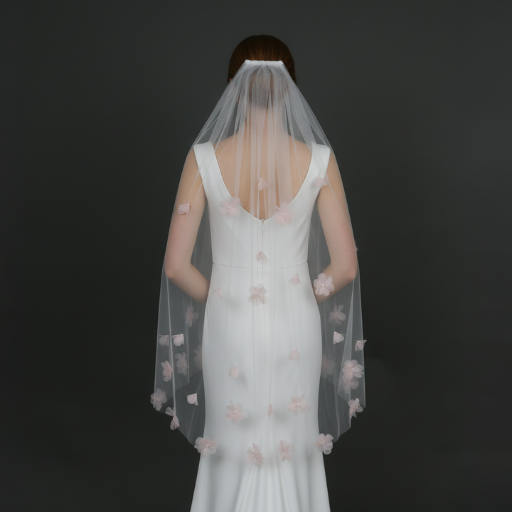 Pink Organza 3D Flower Wedding Veil with Faux Pearls, Fingertip Length