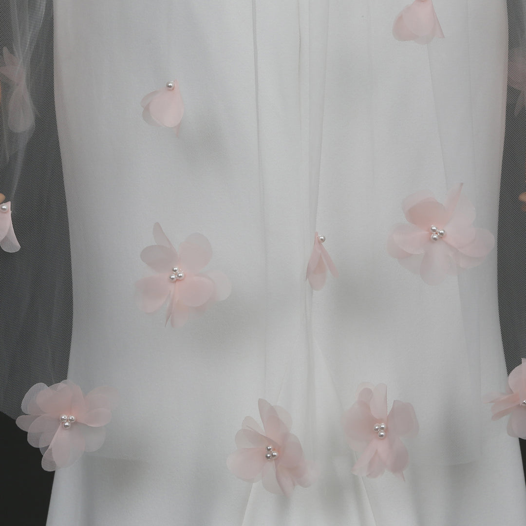 Pink Organza 3D Flower Wedding Veil with Faux Pearls, Fingertip Length