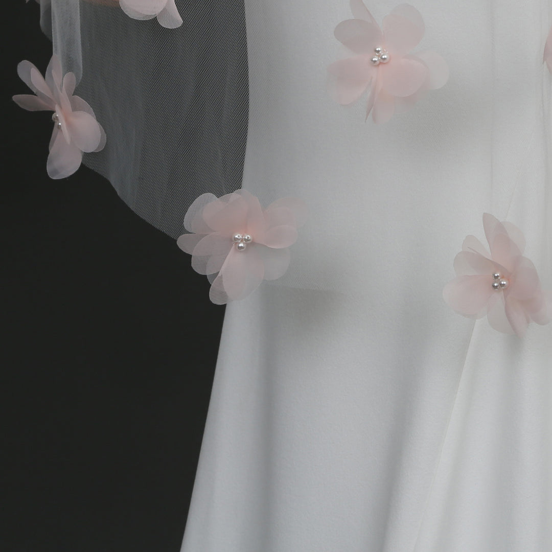 Pink Organza 3D Flower Wedding Veil with Faux Pearls, Fingertip Length