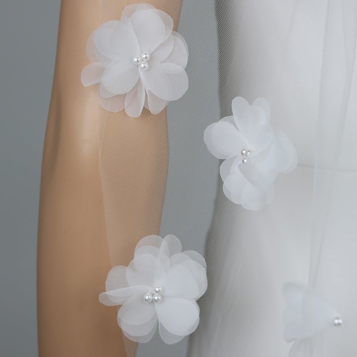 FS6234 chapel-length bridal veil with floral lace embroidery, full-length view.